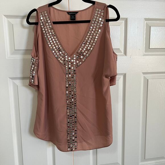 MODA International Women’s Tan Sequin Cold Shoulder Blouse Top Size Medium - Picture 3 of 7